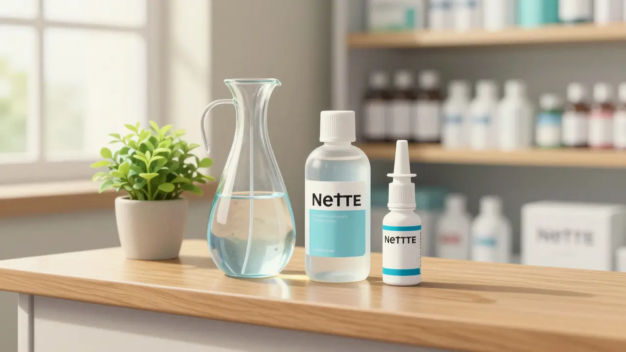 Ensemble de solutions alternatives comme un Neti-pot et du sérum physiologique sur un comptoir.