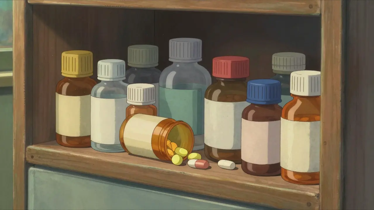 Gros plan sur des flacons de médicaments dans un placard en bois, style Ghibli.