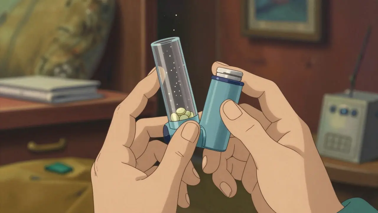 Gros plan sur l'utilisation d'une chambre d'inhalation pour l'asthme.