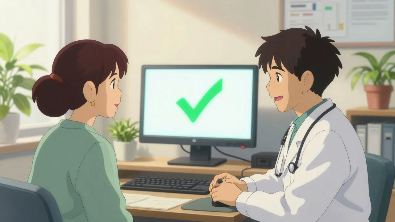 Médecin et patient souriants dans un cabinet médical lumineux et serein.