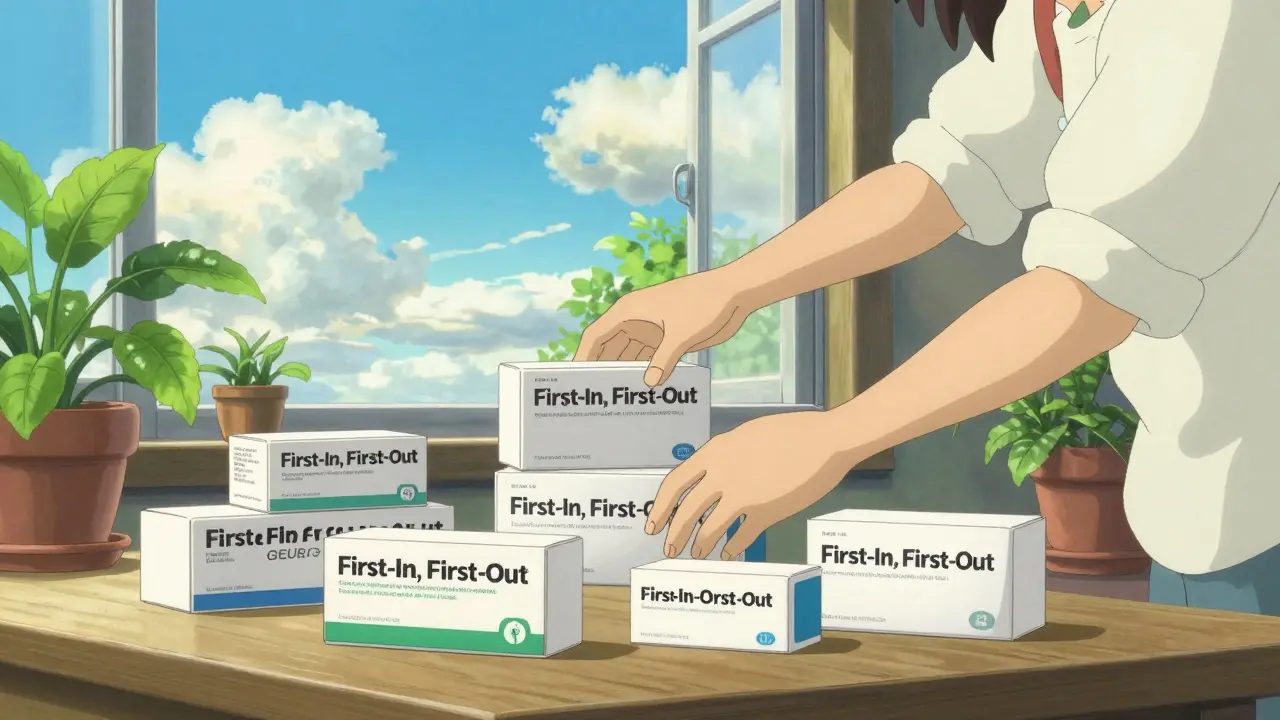 Personne organisant sa pharmacie maison dans une pièce lumineuse, style Ghibli.