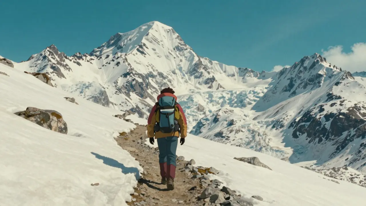 Randonneur en haute altitude avec une pochette médicale isotherme, style Studio Ghibli.