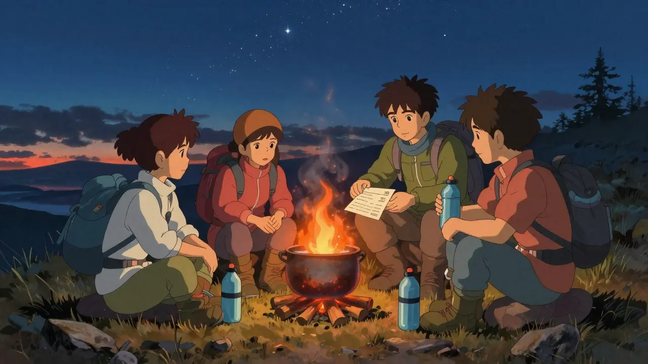 Randonneurs partageant un moment de repos et vérifiant leurs documents de santé au camp.