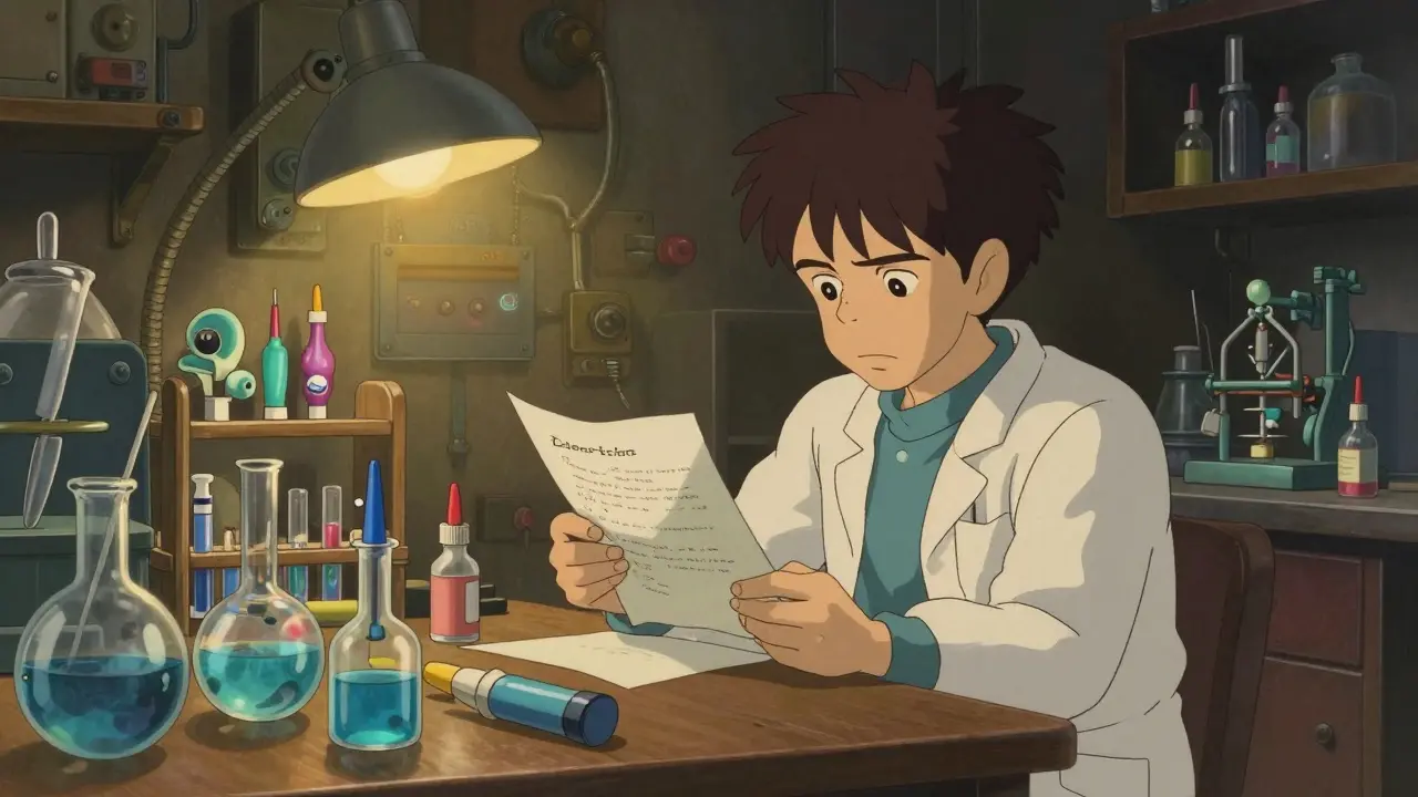 Scientifique découragé dans son laboratoire entouré de prototypes de médicaments complexes.