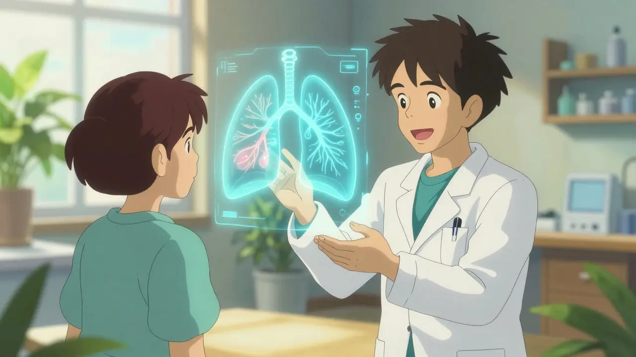 Un médecin expliquant l'action ciblée d'un médicament dans les poumons.