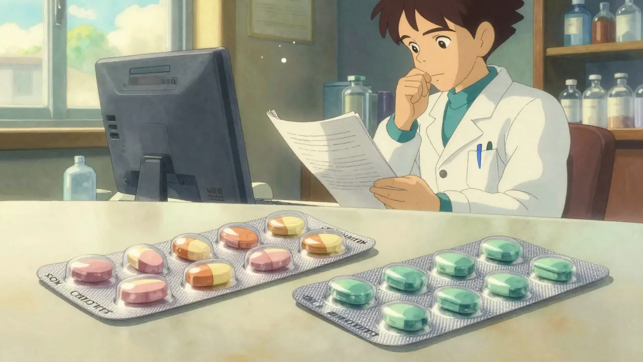 Un pharmacien analyse attentivement des médicaments génériques dans un bureau lumineux.