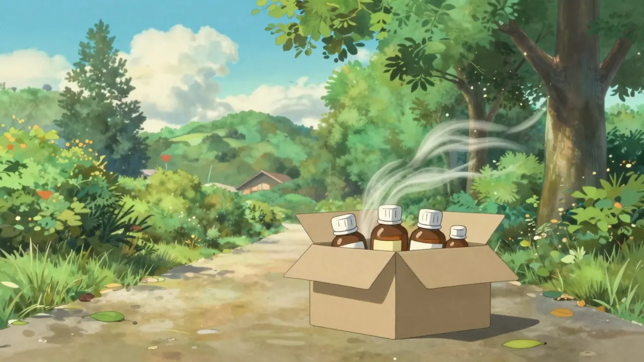 Colis de médicaments reçu dans un jardin paisible illustré à la manière Ghibli
