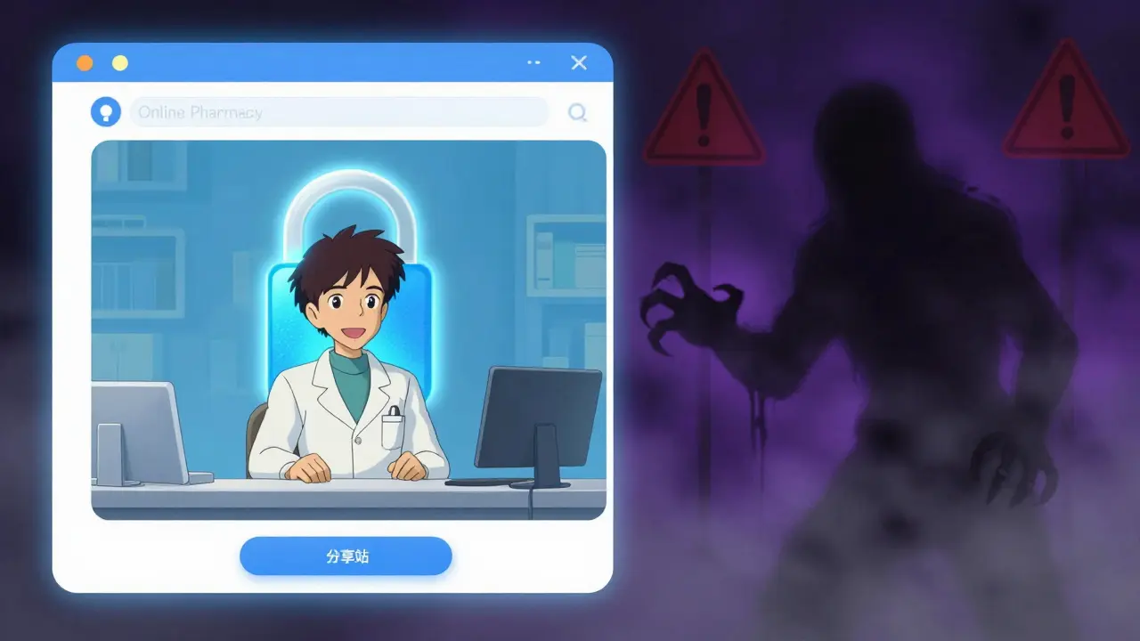 Comparaison visuelle entre pharmacie sécurisée et site frauduleux en style anime