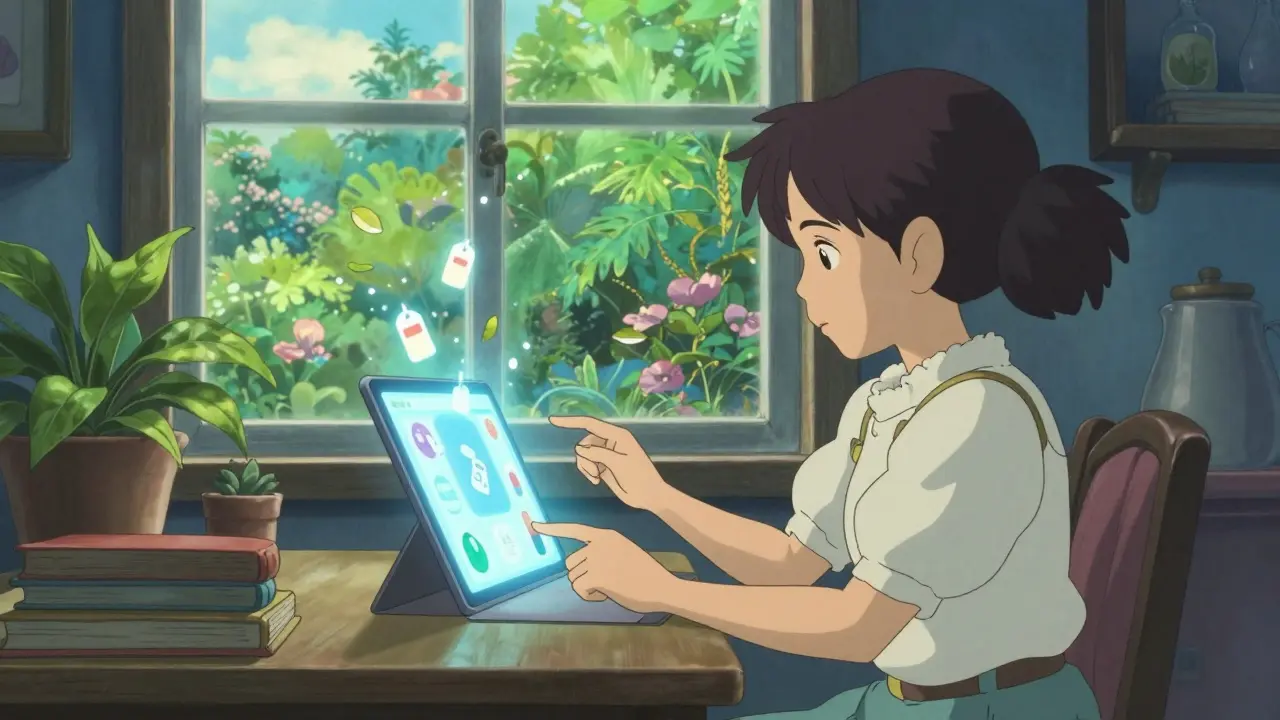 Femme comparant les prix de médicaments sur une tablette magique