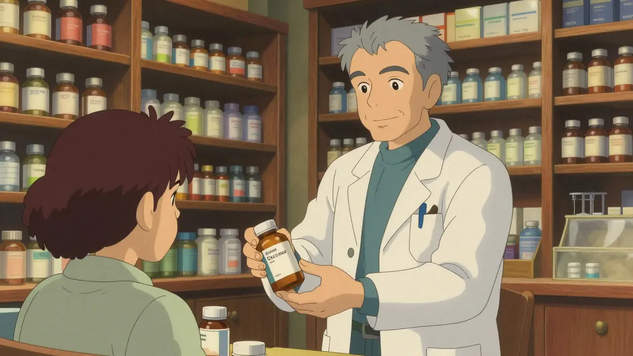Pharmacien sage remettant des médicaments génériques dans une pharmacie propre et rassurante