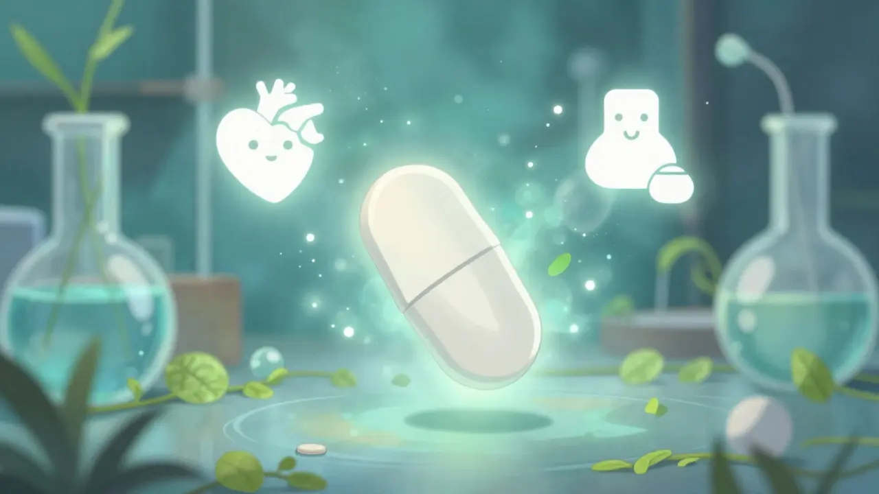 Pille unique magique flottant avec des symboles de santé cardiaque