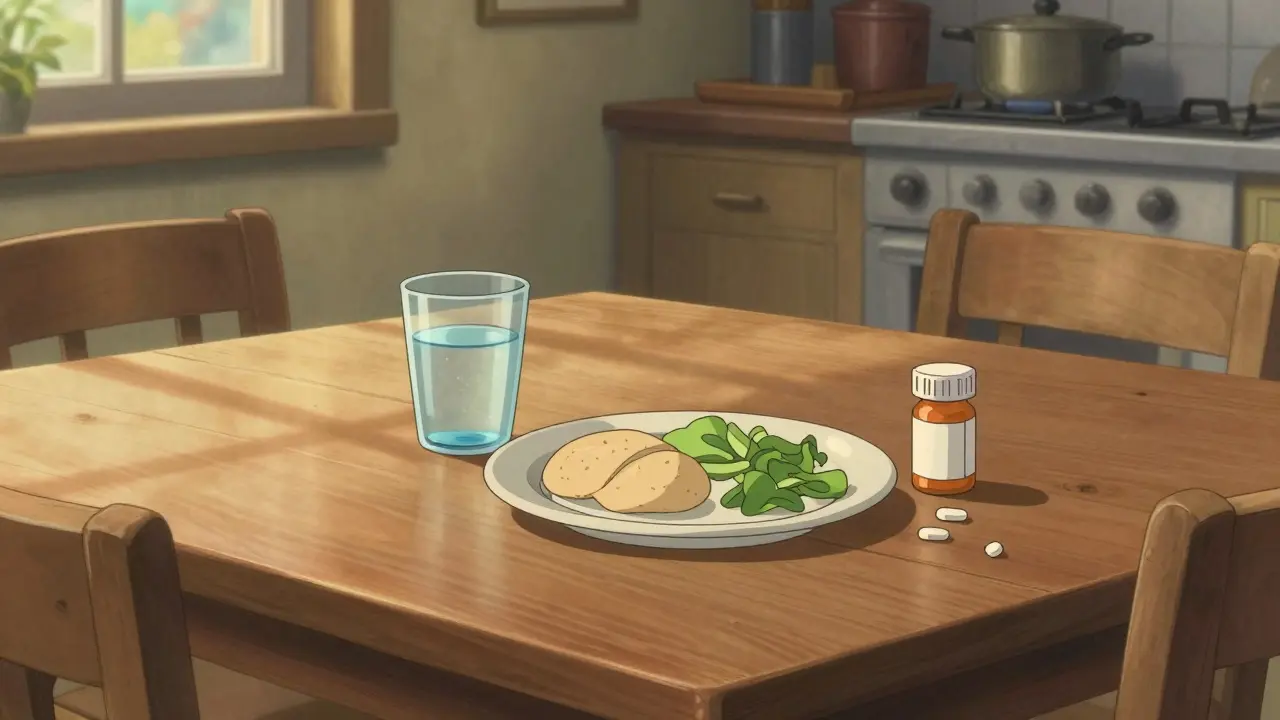 Repas et médicament sur une table de cuisine baignée de lumière douce