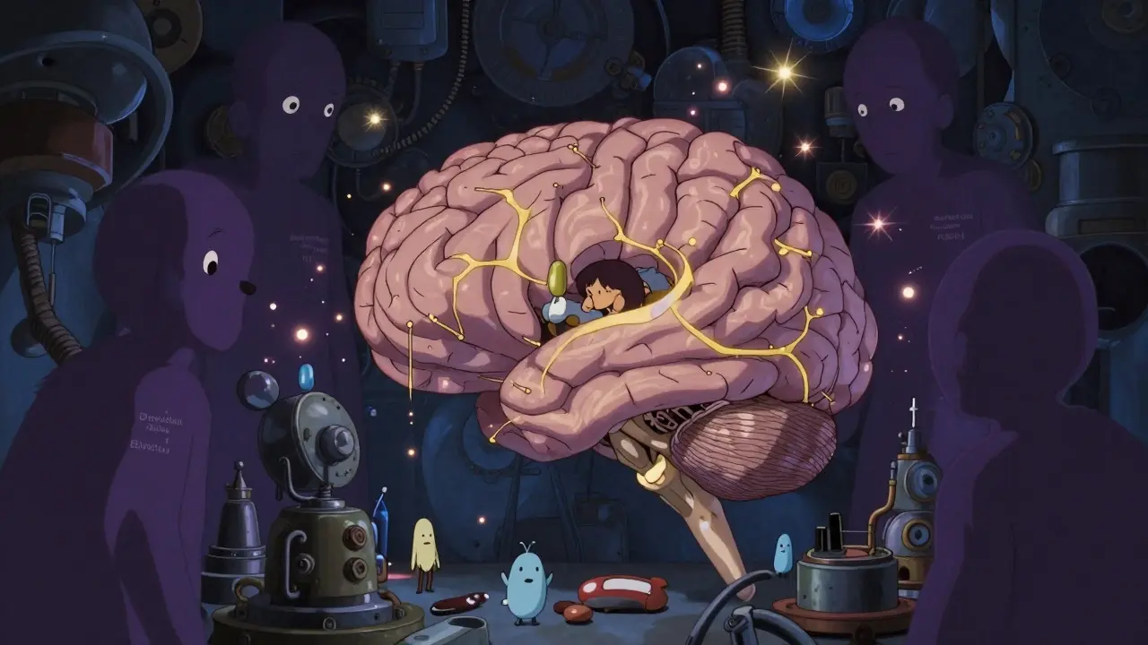 Représentation artistique du cerveau où des esprits sont bloqués par des ombres, illustrant la confusion cognitive.