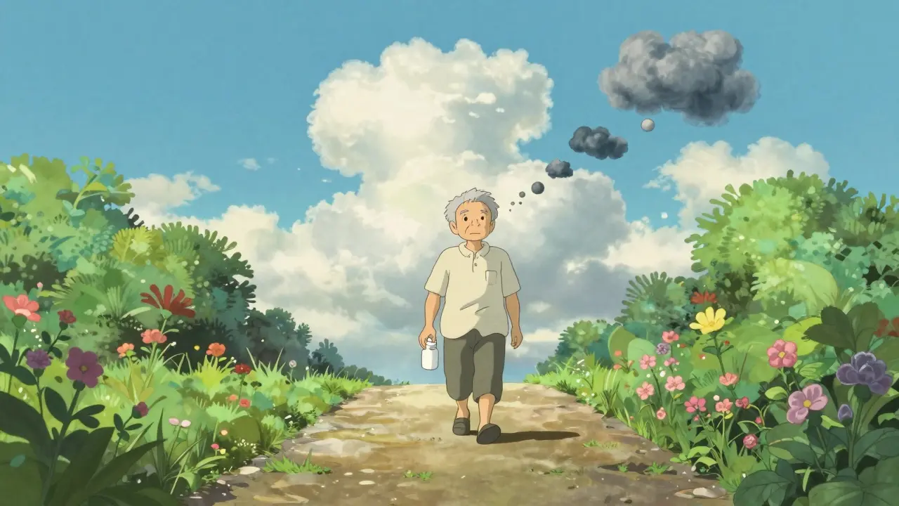 Une personne âgée marchant vers un horizon clair, laissant derrière elle des nuages sombres, symbole de clarté retrouvée.