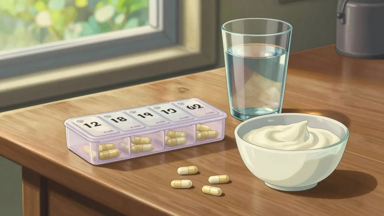 Boîte de céphalexine et yaourt sur une table en bois, éclairage naturel doux