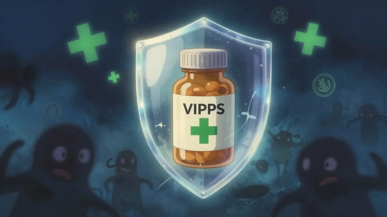 Bouclier magique protégeant un médicament des contrefaçons, style anime