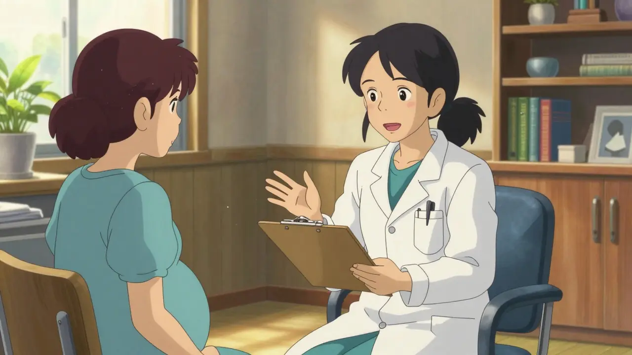 Consultation bienveillante entre médecin et femme enceinte dans un bureau clair