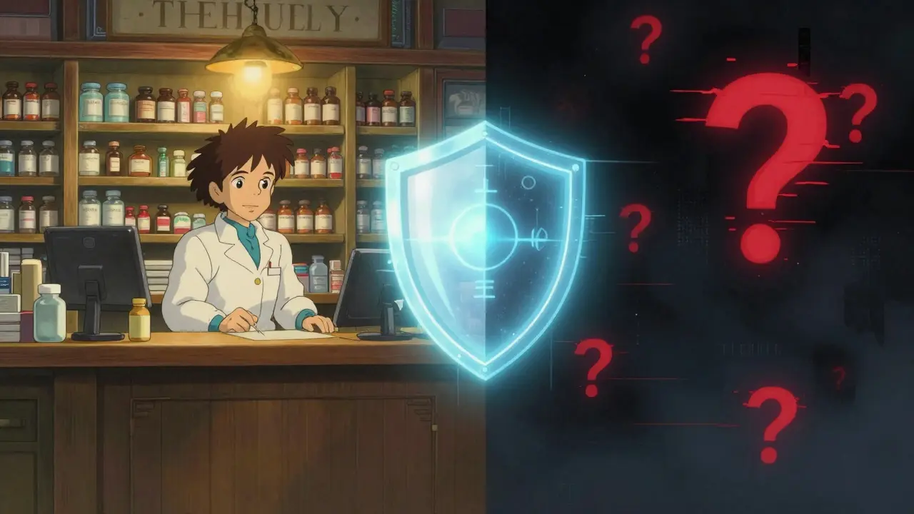 Contraste entre une pharmacie sûre et des sites web dangereux en ombres
