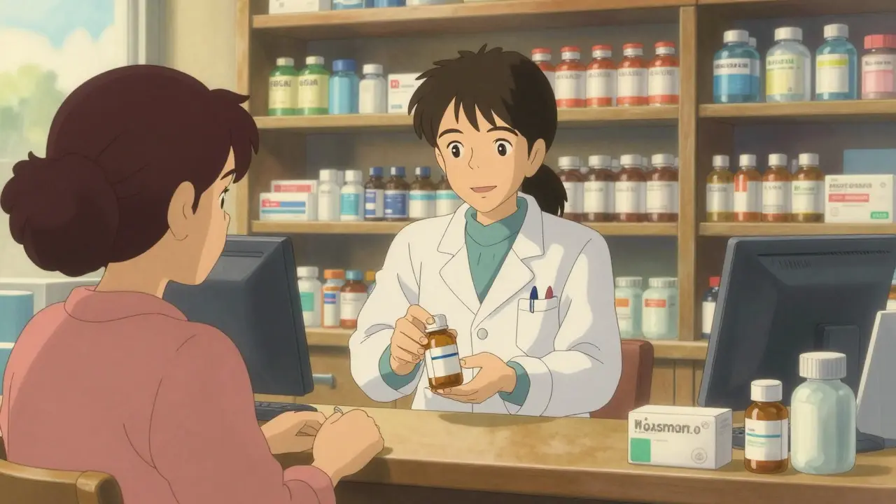 Pharmacien souriant remettant des médicaments génériques à un client soulagé