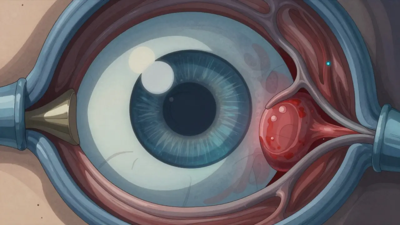 Anatomie interne de l'œil montrant le blocage du drainage, style anime