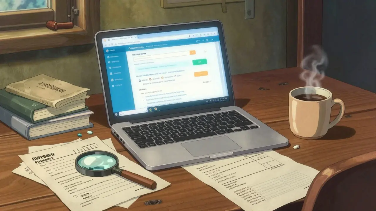 Bureau avec ordinateur et documents pour rechercher une pharmacie en ligne