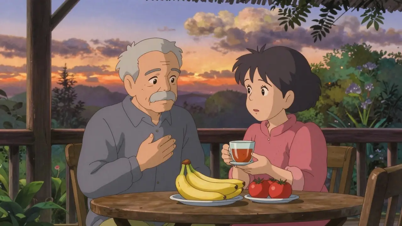 Couple âgé sur une terrasse au coucher du soleil, évoquant la prudence et les soins.