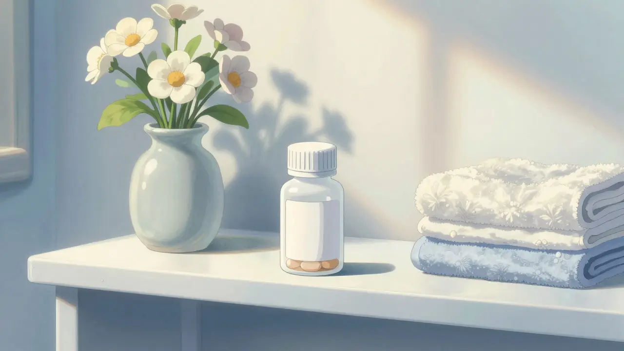 Flacon de médicaments rangé proprement sur une étagère ensoleillée