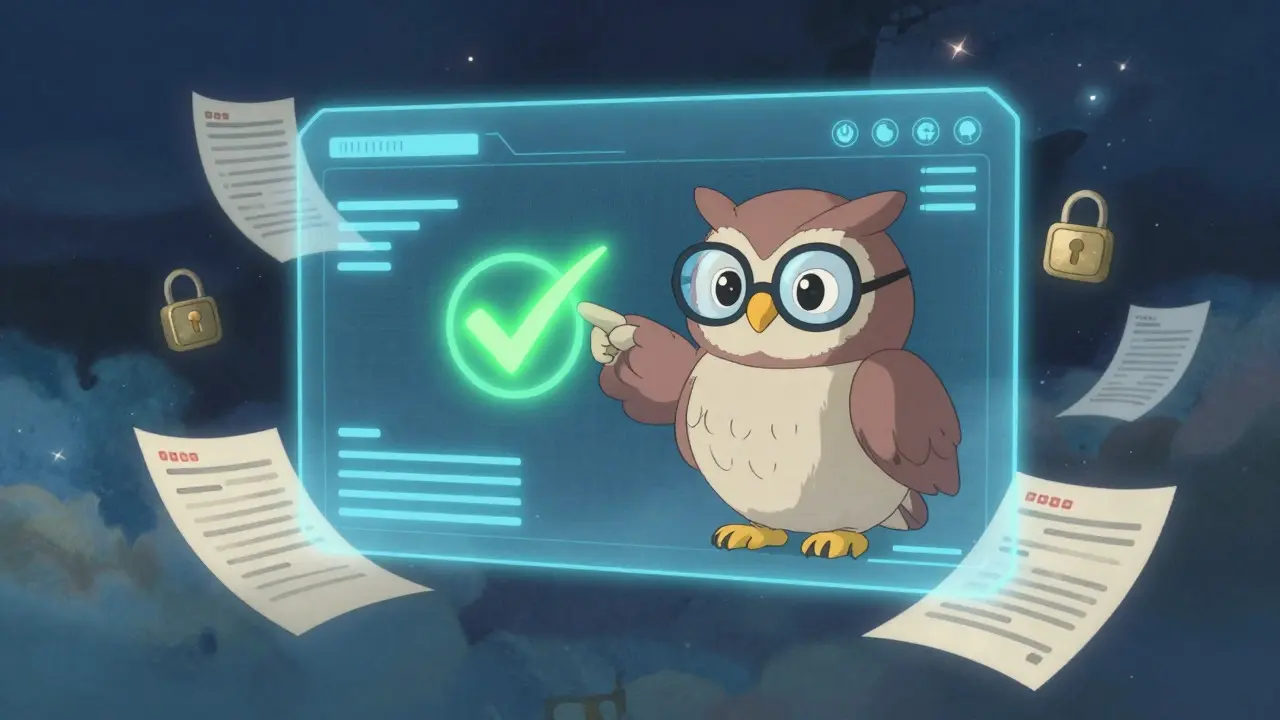 Interface de pharmacie en ligne sécurisée avec un hibou guide et des symboles de vérification