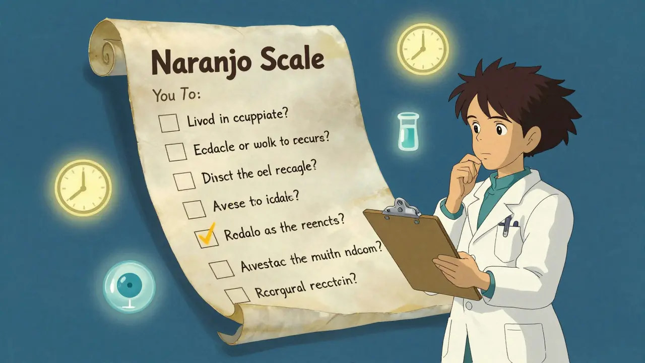 Liste magique flottante représentant les critères de l'échelle de Naranjo autour d'un pharmacien.