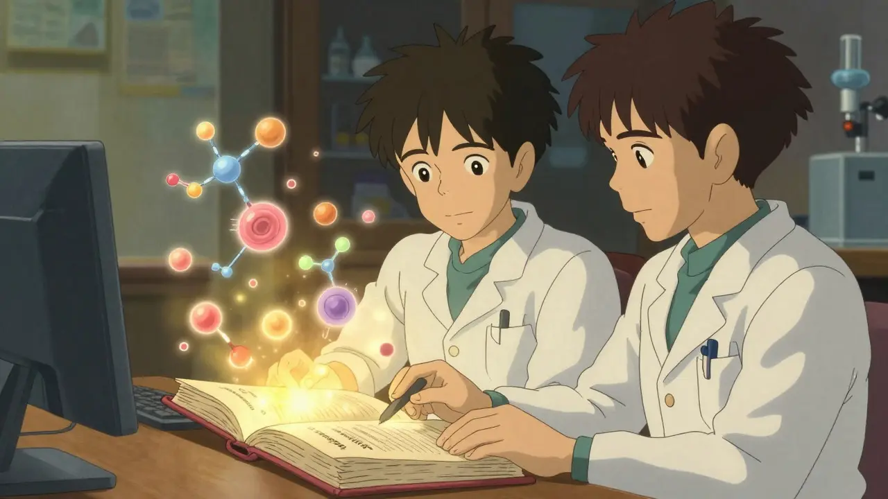 Livre orange lumineux de la FDA étudié par des professionnels de santé dans un style Ghibli