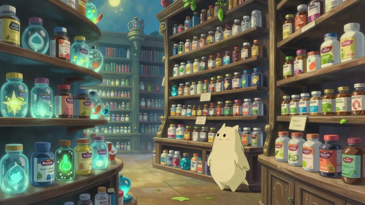 Marché numérique magique avec des bouteilles de compléments flottantes