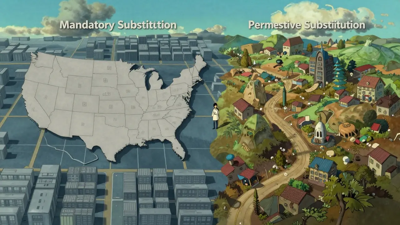 Paysage divisé en style anime montrant les différences entre lois obligatoires et permissives