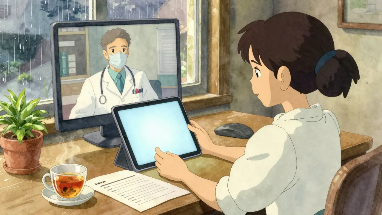 Femme à son bureau utilisant la téléconsultation pour une ordonnance médicale