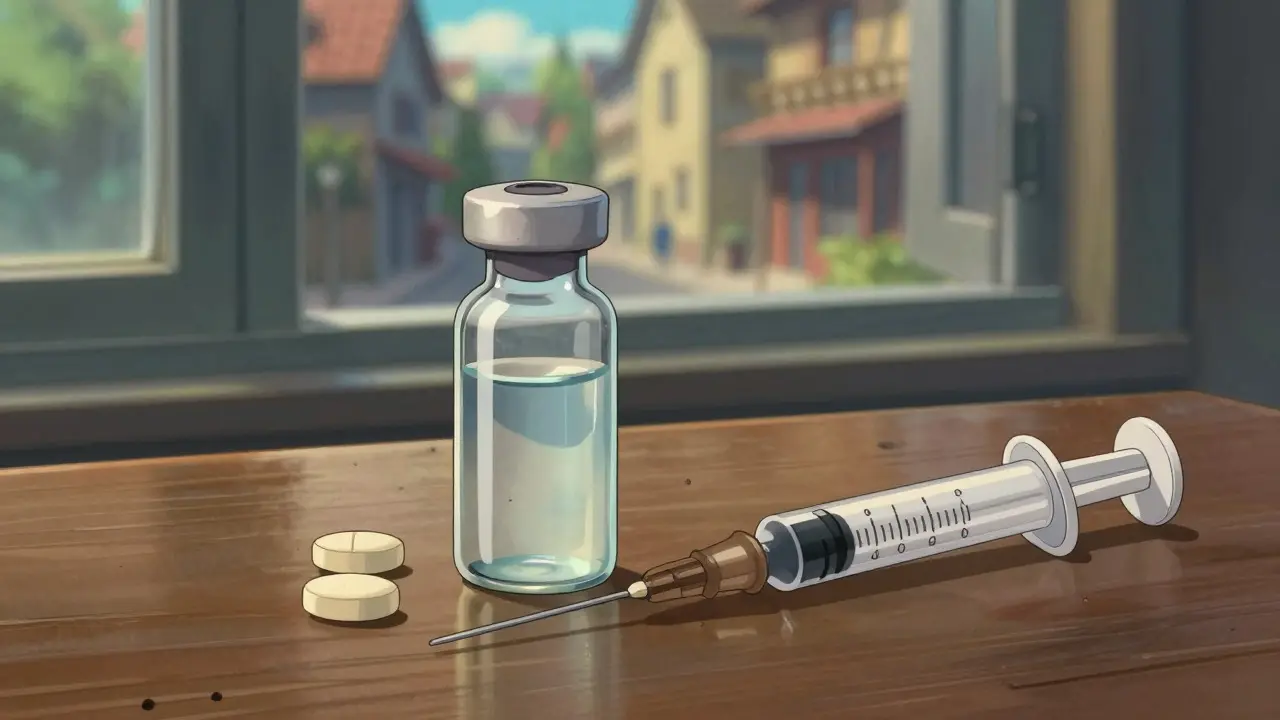Flacon de liquide médical et seringue précise sur une table en bois baignée de lumière
