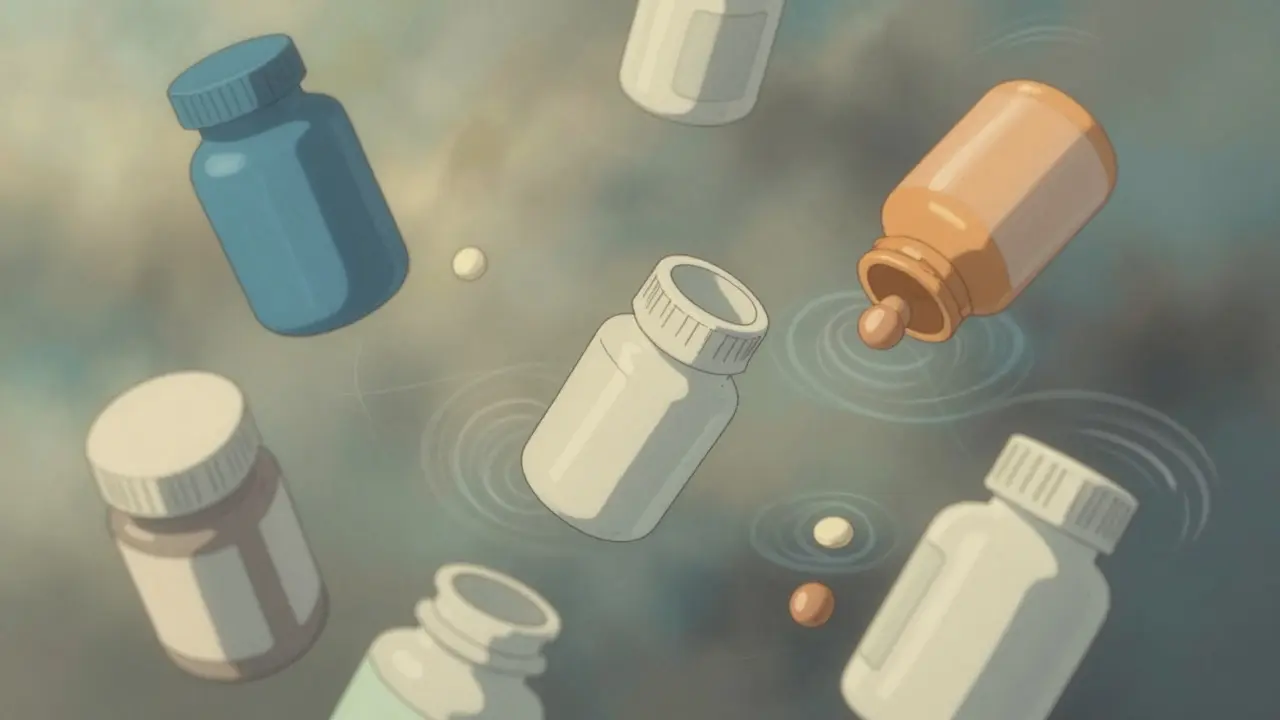 Flacons de médicaments flottant avec des effets visuels de vertige stylisés