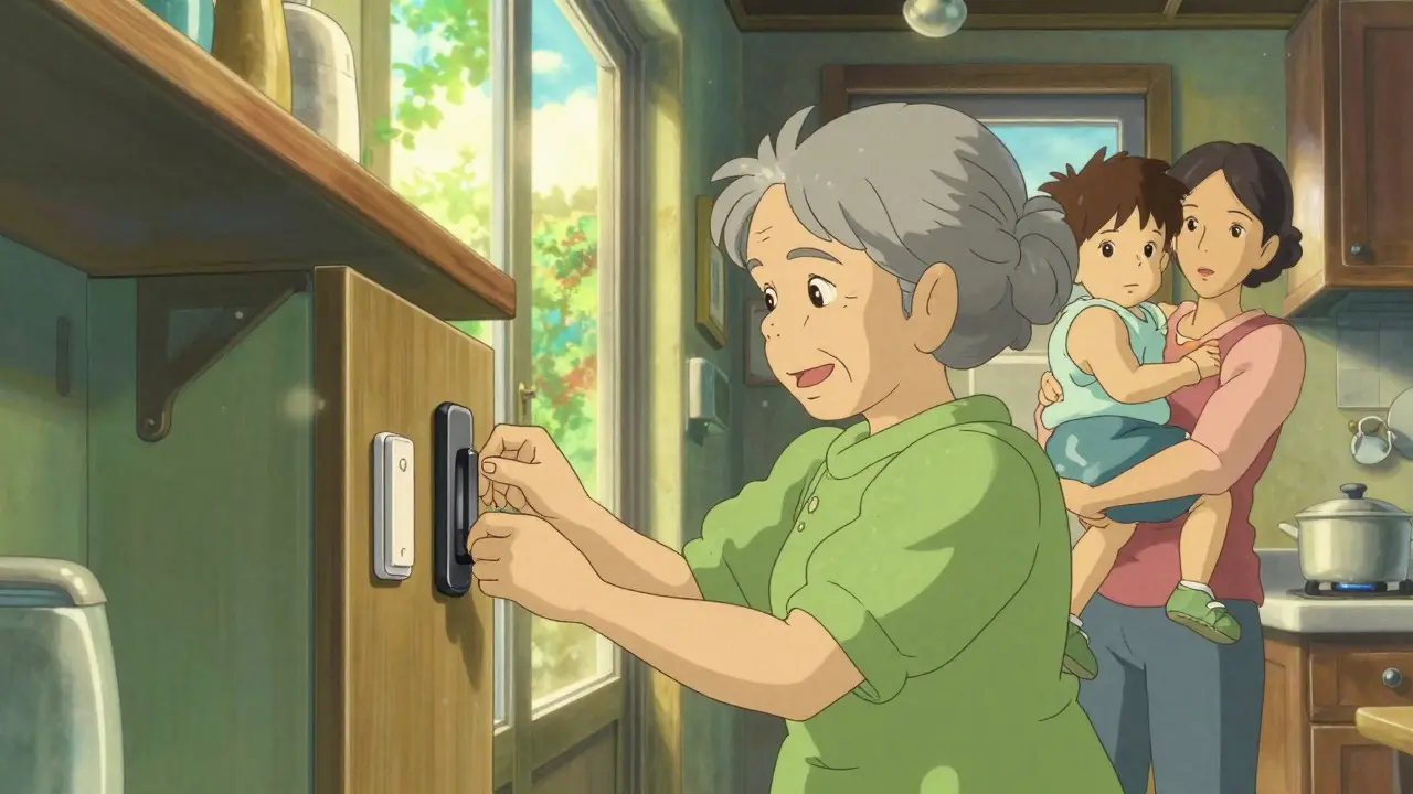 Grand-mère installant une serrure de sécurité avec sa fille et son petit-fils dans un intérieur lumineux