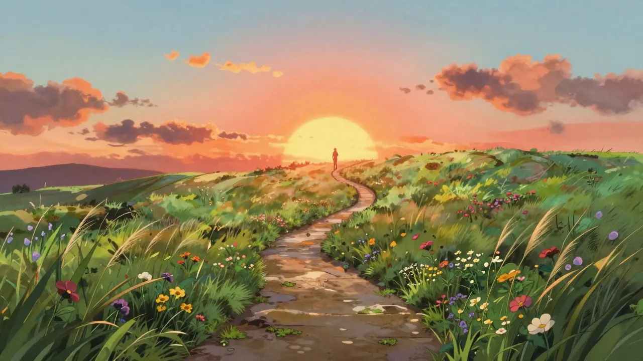 Personnage marchant sur un sentier fleuri vers un lever de soleil espérant