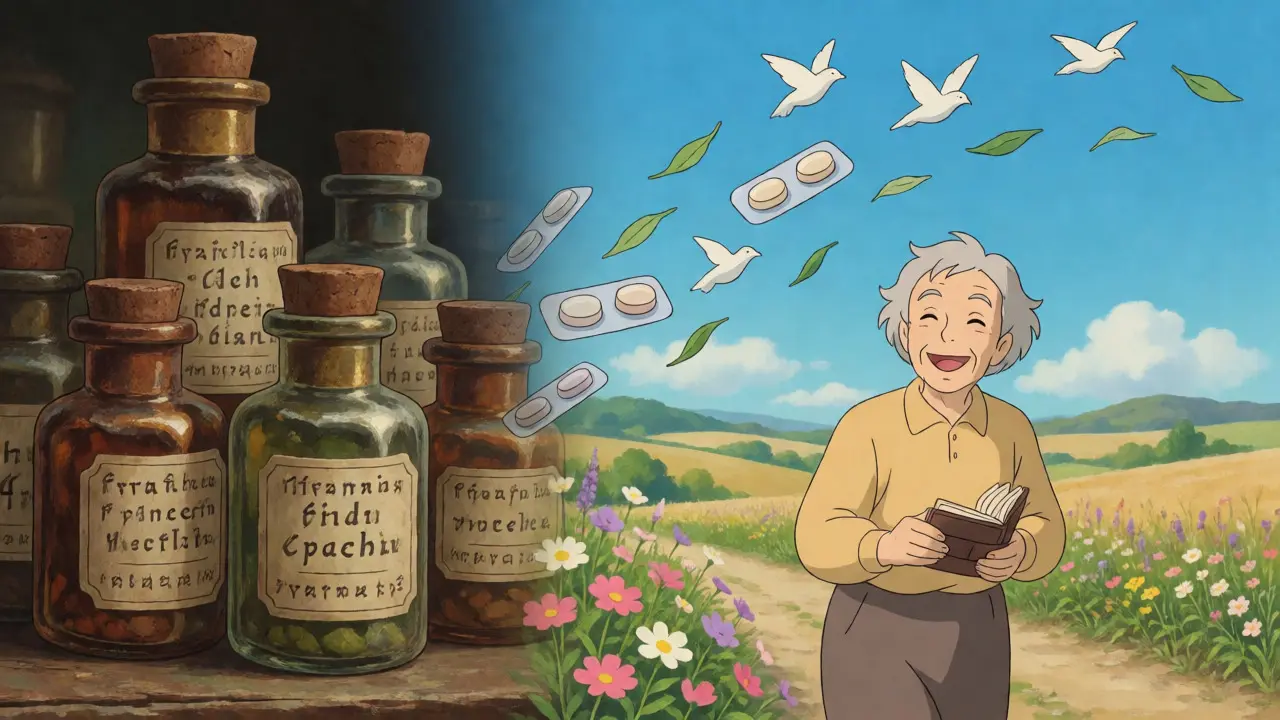 Personne heureuse dans un paysage ensoleillé avec des médicaments légers