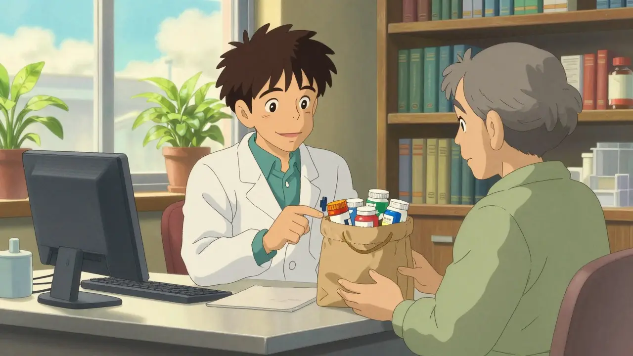 Pharmacien expliquant les risques médicamenteux à un patient senior