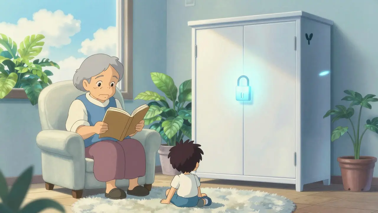 Scène paisible montrant la sécurité des médicaments et les soins intergénérationnels en style anime