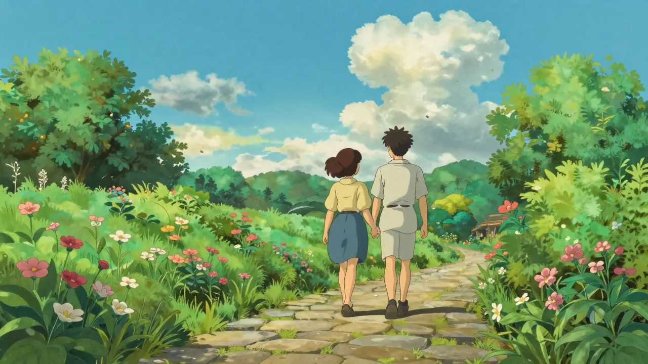 Un couple marche main dans la main dans un jardin verdoyant sous un ciel bleu.