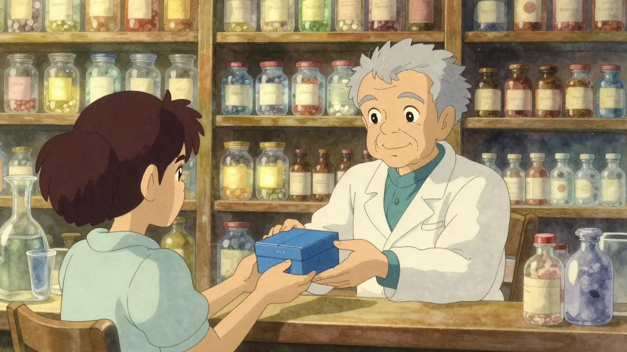 Un pharmacien amical remet un médicament à un client dans une boutique magique.