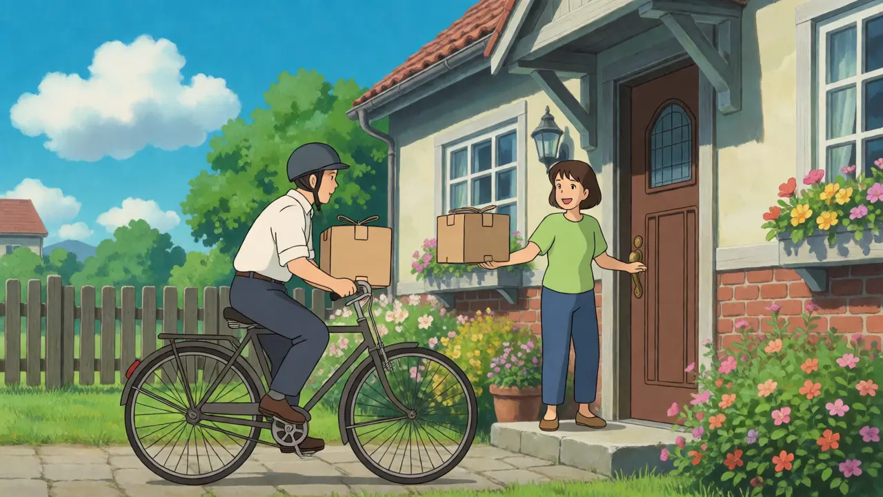 Livreur à vélo apportant un colis de médicaments devant une maison aux jardins fleuris.