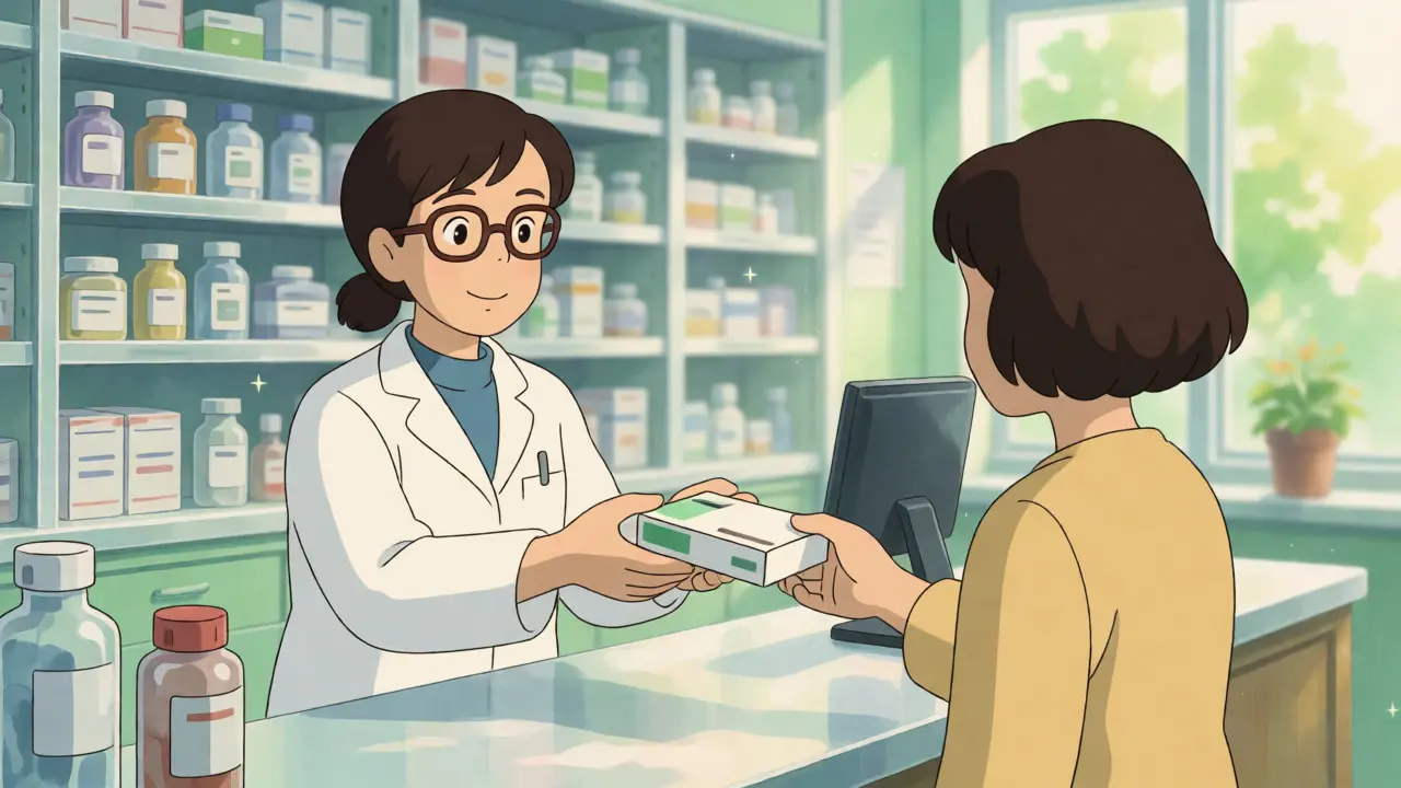 Pharmacien remettant une boîte de médicaments à un client dans une boutique lumineuse et accueillante.